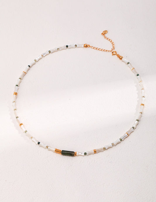 Sterling silver mother-of-pearl bamboo beaded necklace